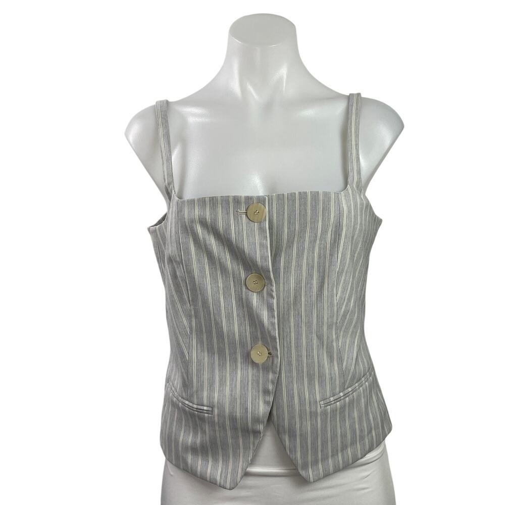 MNG Mango Women's Gray Striped Sleeveless Button Up Vest Tank Blouse Top Size M